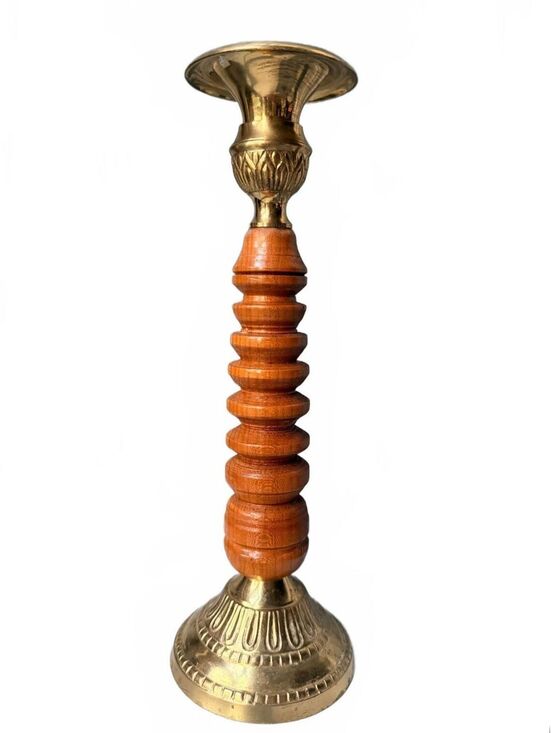 Other - Vintage Turned Wood Brass Candlestick Holder Scandinavian Mid Century Decor